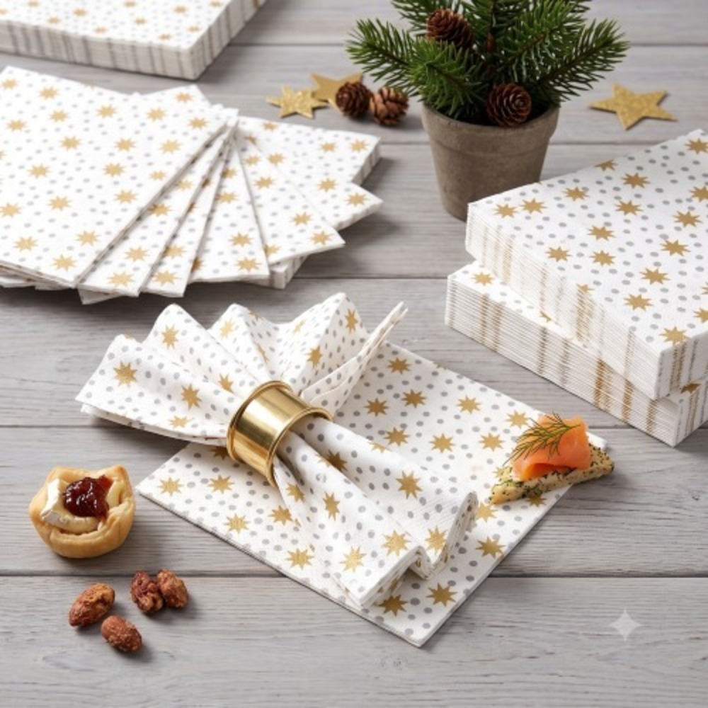 IKEA VINTERFINT Paper Napkins Christmas Star Gold White 3-Ply 9.5" 2-Pack Lot